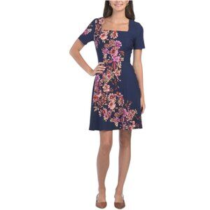 LONDON TIMES Square Neck Short Sleeve Fit And Flare Mini Dress